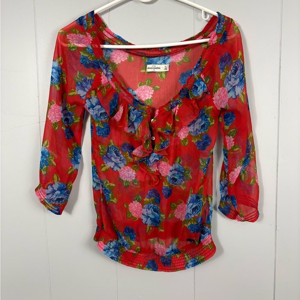 Abercrombie Kids Y2K Red Floral Sheer Stretch Ruffle Top XL Preppy Cute Vintage - Picture 1 of 9